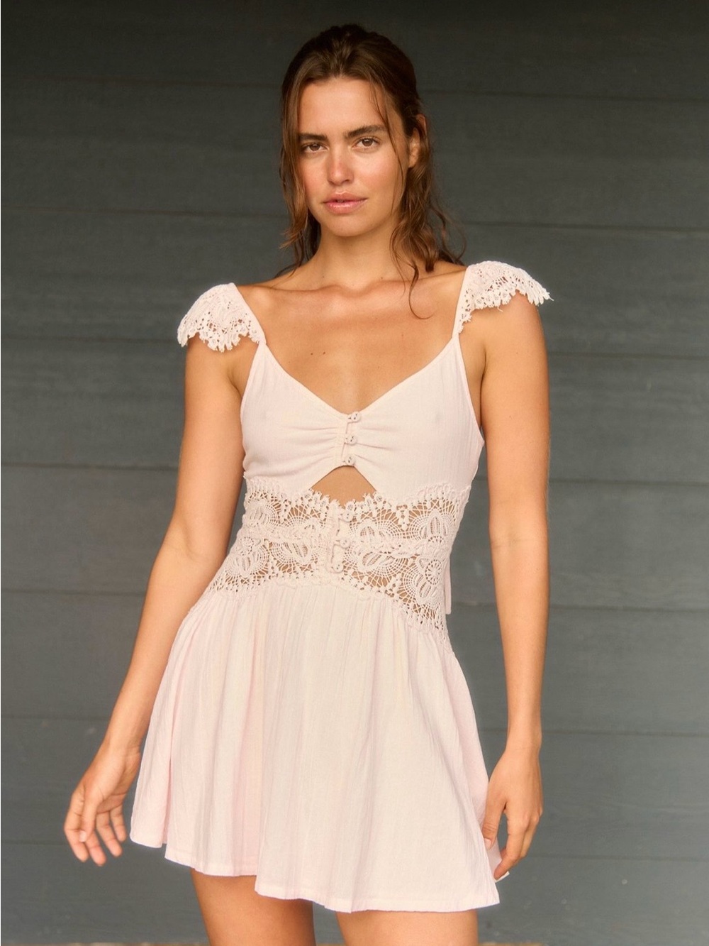 FP Women's Lace Trim Pink Mini Dress